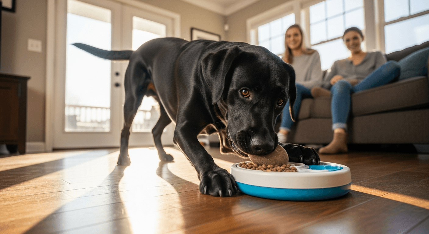 Black Labrador Retriever playing with puzzle feeder toy indoors, owner watching from couch in afternoon sunlight