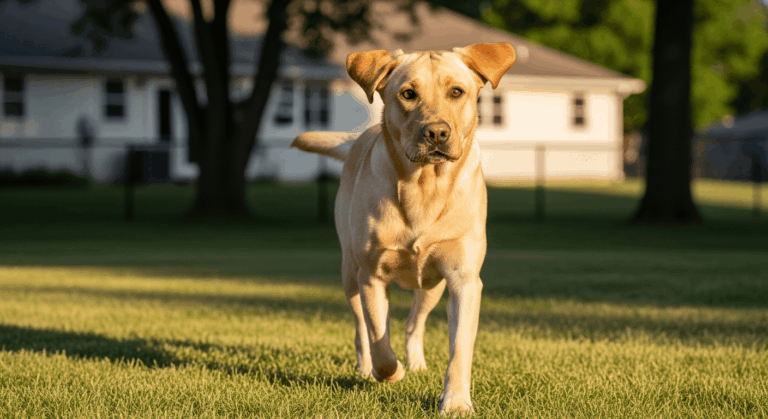 8 month old labrador running across grass with ears up and bright eyes in afternoon sunlight