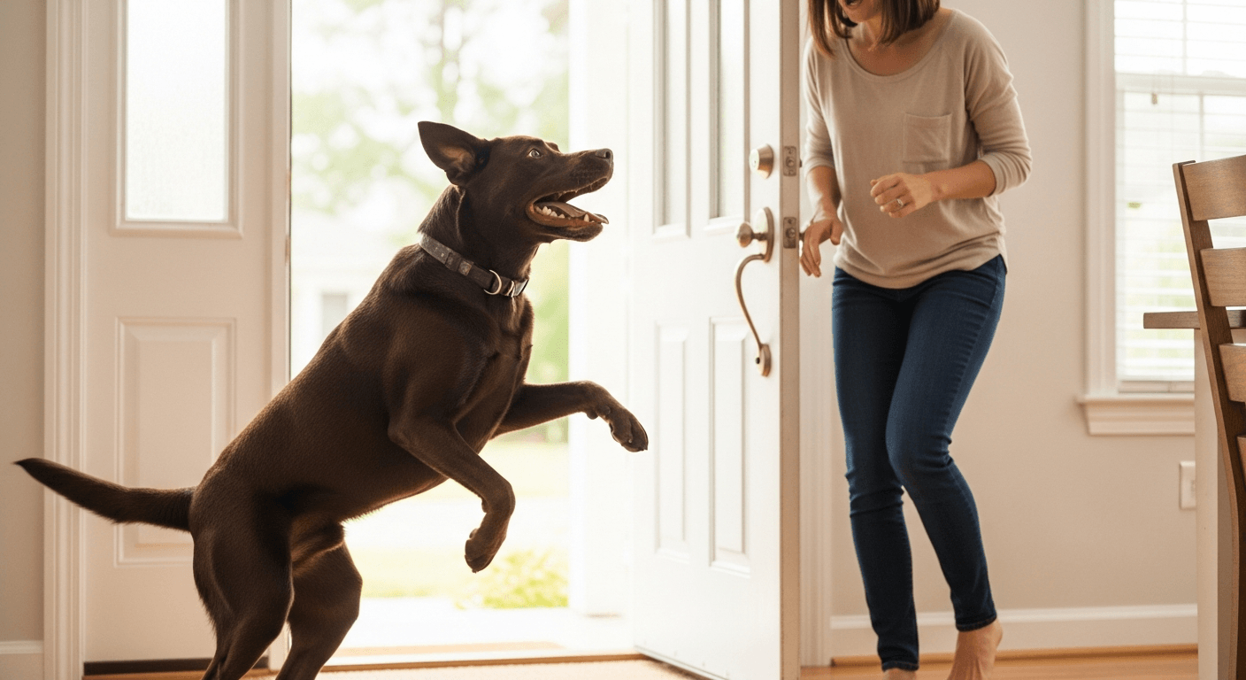 Chocolate 8 month old labrador jumping on visitor at doorway with front paws raised