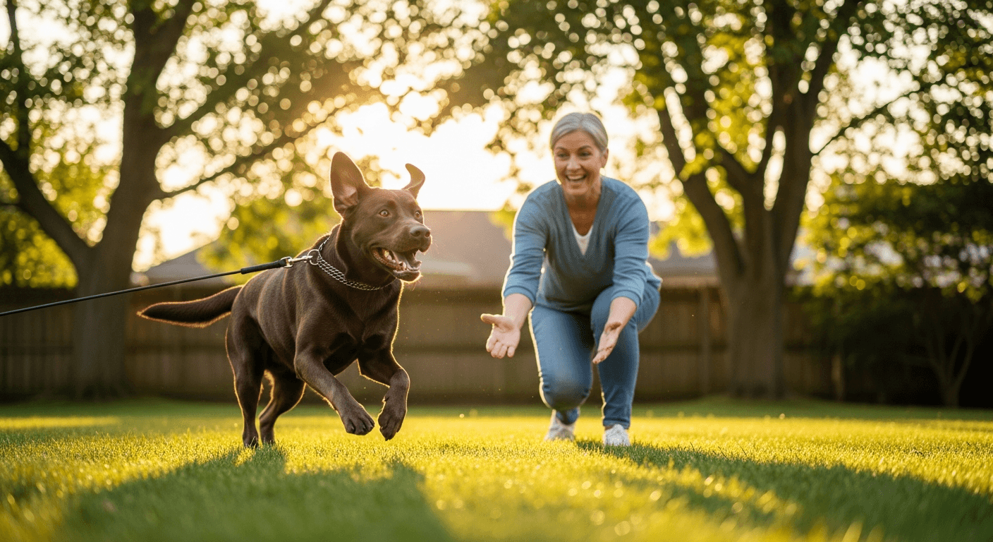 Chocolate Labrador sprinting toward owner during recall training in backyard