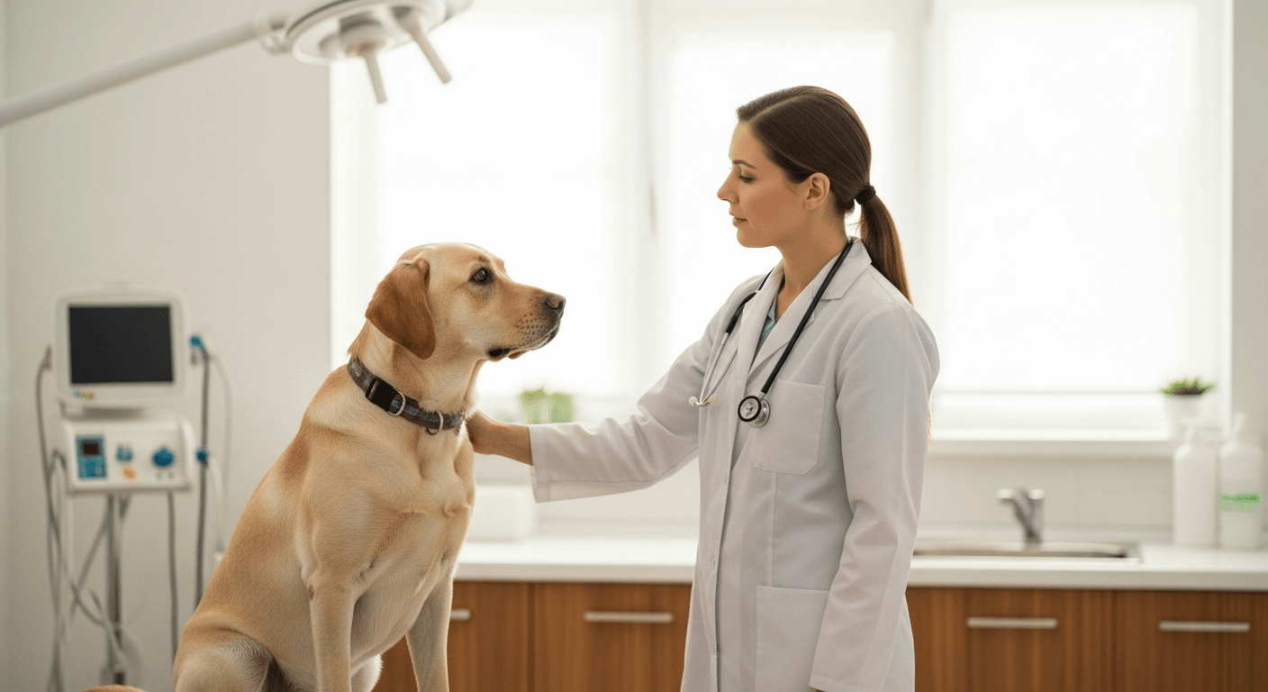 Veterinarian examining a yellow 8 month old labrador on an examination table during a consultation