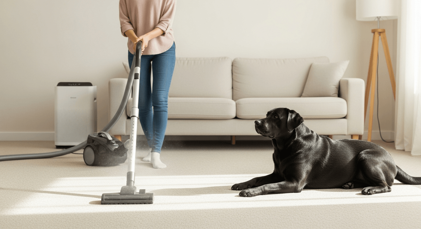 Owner vacuuming a living room with an air purifier running while a black Labrador rests nearby — managing Lab dander at home