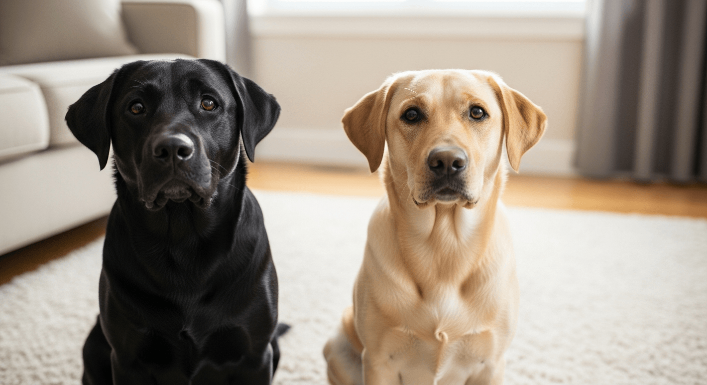 Black Labrador and yellow Labrador sitting side by side indoors — coat color does not change allergen levels