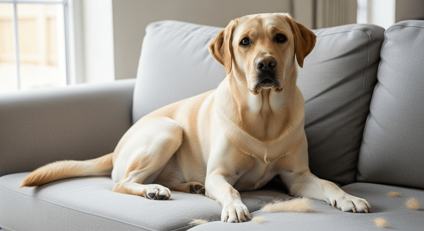 Yellow Labrador lying on a grey sofa with loose shed hair on the cushions — are Labrador Retrievers hypoallergenic