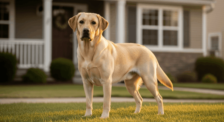 Alert yellow Labrador standing watch in a front yard — are Labradors protective of their owners