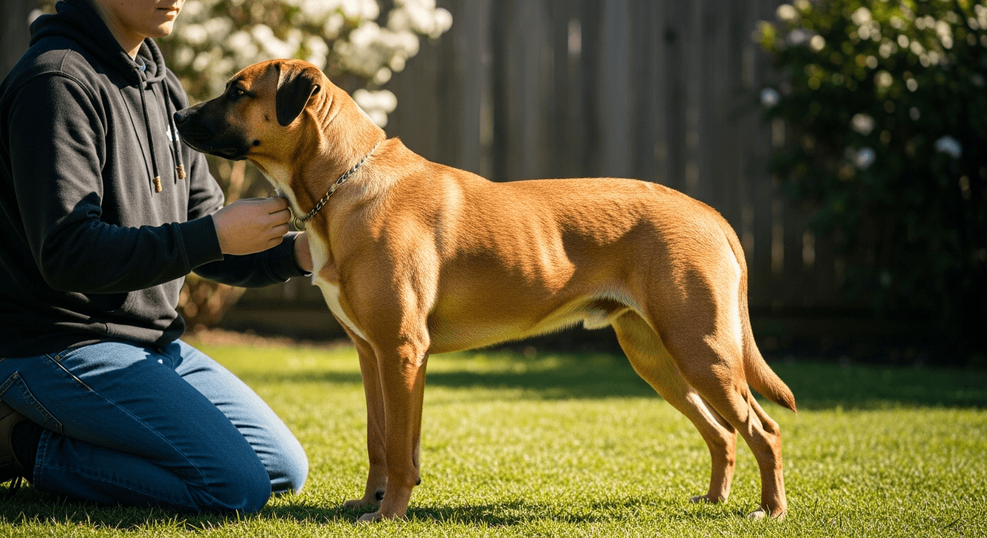Black Mouth Cur Lab mix standing alert in a sunny backyard with owner nearby, showing athletic build and dark facial mask