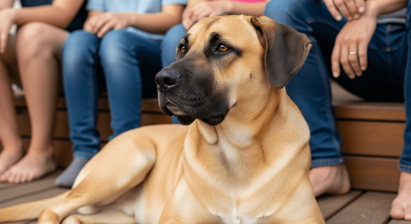 black mouth cur lab mix lying on the porch beside its family, watching the yard