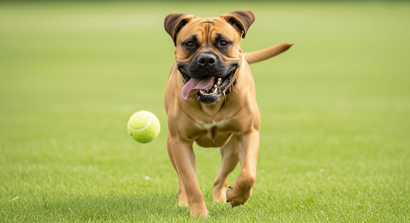 fawn black mouth cur lab mix with black muzzle running after a ball in an open field