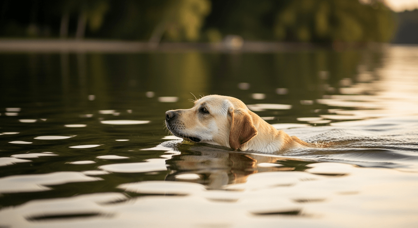 Yellow Labrador swimming in a calm lake — do Labradors like water