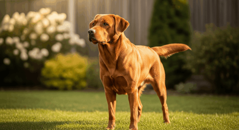 Fox red labrador standing alert in a sunlit garden with rich mahogany coat and muscular build