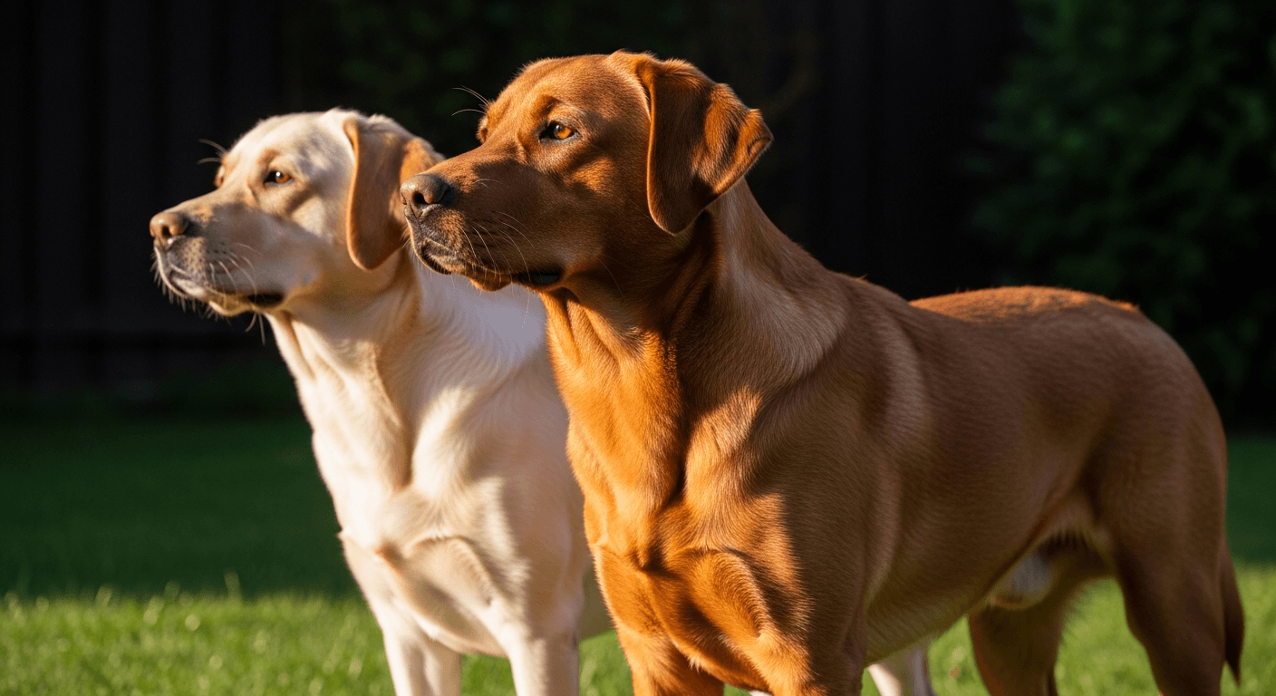 Fox red Labrador standing beside a cream-colored yellow Lab in grass, showing dramatic color contrast in their coats