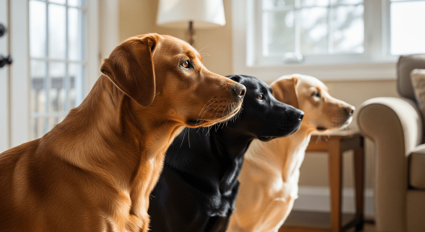 Fox red Labrador standing in sunlit living room with black and yellow Labs, showcasing coat color differences