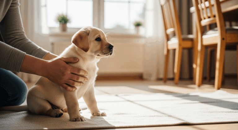 Young yellow Labrador puppy sitting on cream blanket during getting a labrador puppy preparation in home