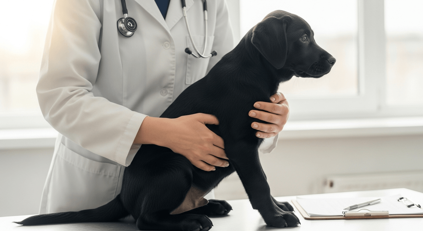 Black Labrador puppy undergoing health screening on veterinary exam table with veterinarian checking hip joints