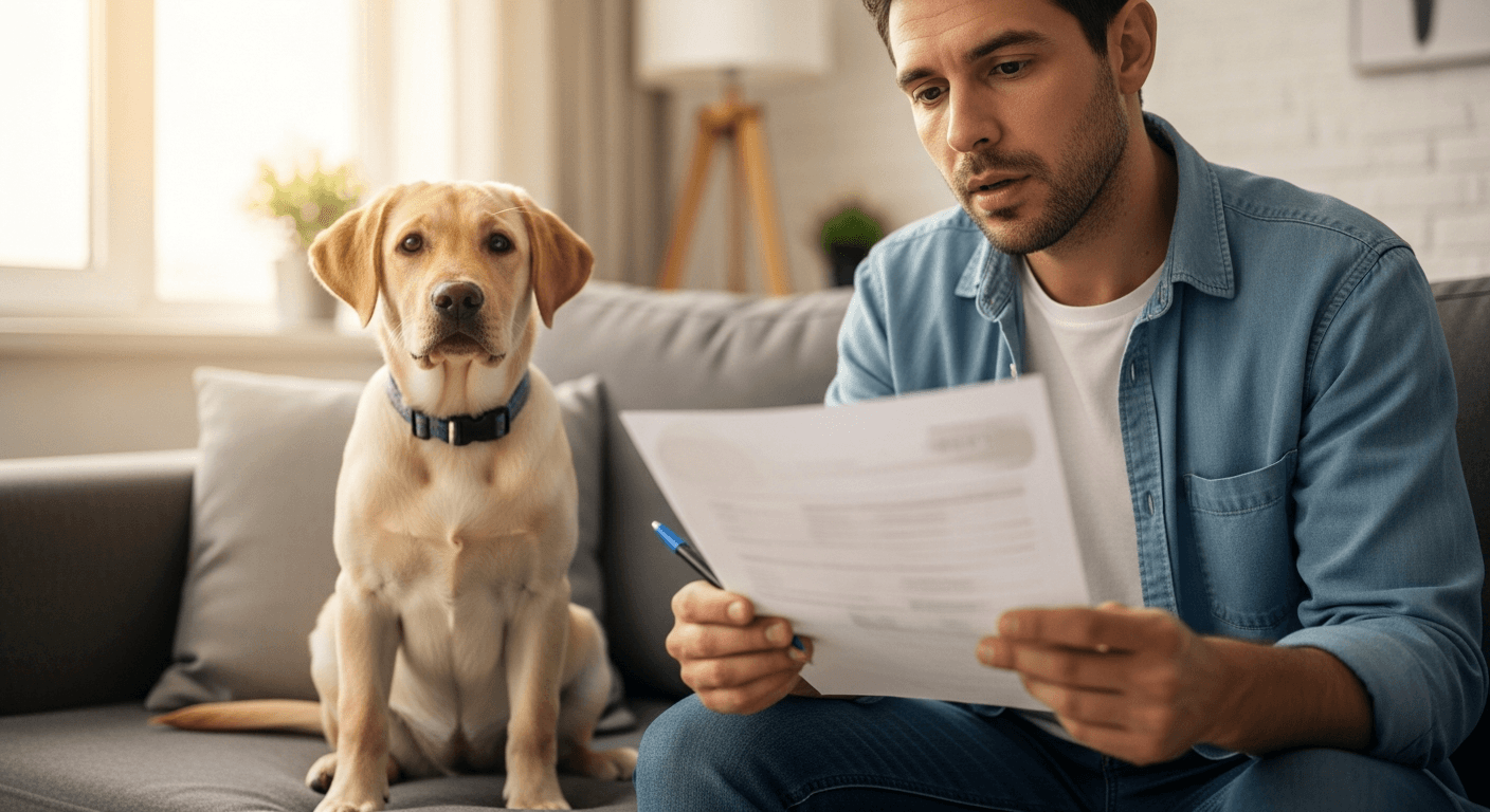 First-time dog owner reviewing health documents with a yellow Labrador puppy on couch
