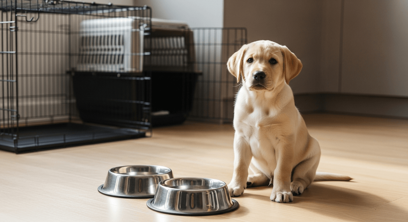 A yellow Labrador puppy sitting in a kitchen with food bowls, illustrating essentials for getting a Labrador puppy