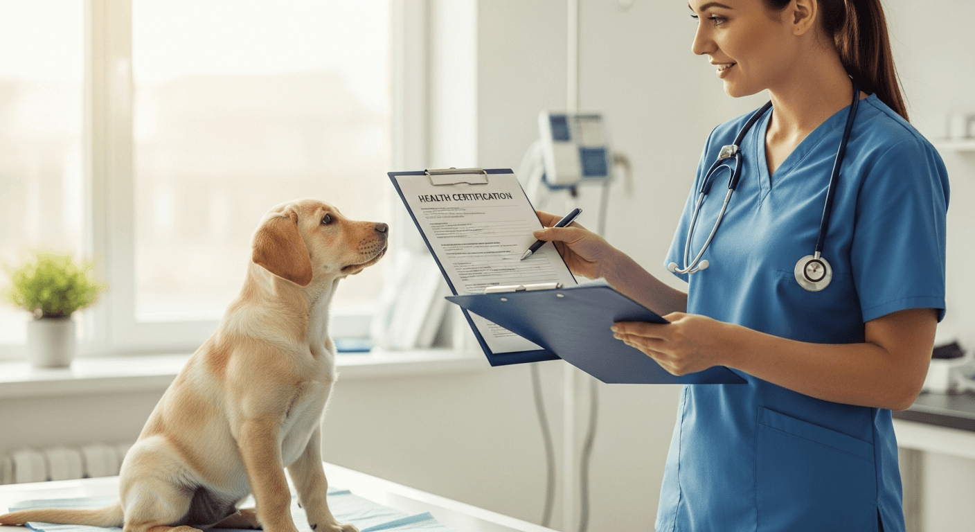 Yellow Labrador puppy at veterinary exam with health certification documents and veterinarian