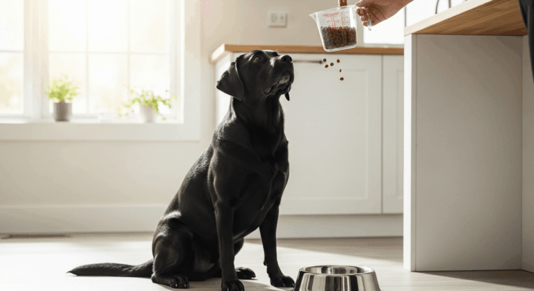 Owner pouring a measured cup of kibble for a black Labrador — how much should I feed my Labrador