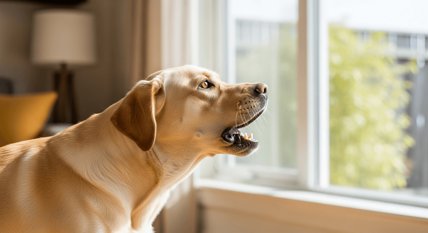 Yellow Labrador barking at the living room window, a common alert-barking trigger