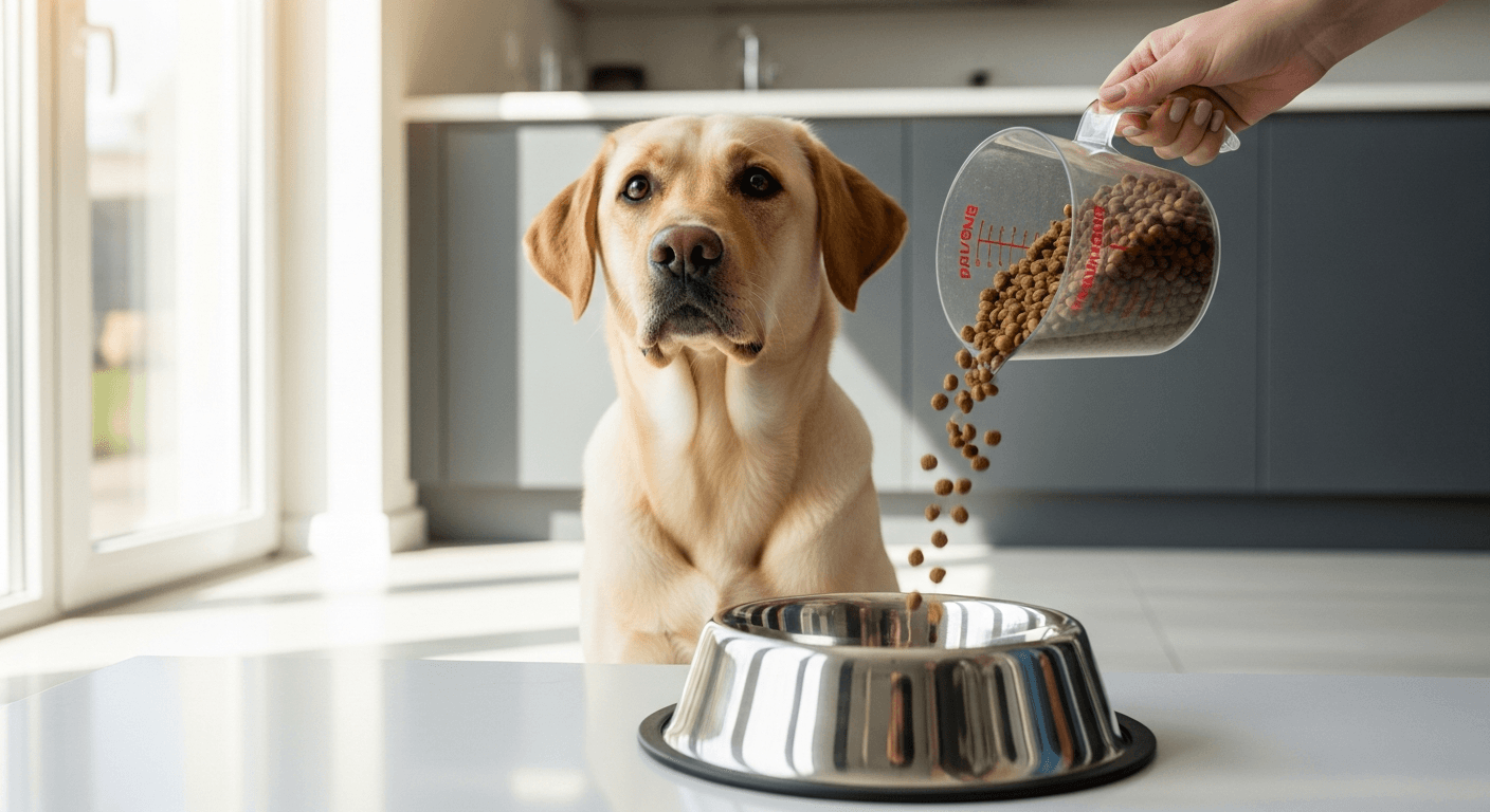 Owner pouring a measured cup of dry kibble into a yellow Labrador's bowl — measured portions prevent overfeeding