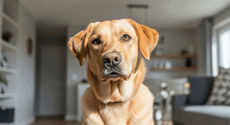 Golden labrador mix breeds dog sitting in bright living room with alert ears and warm eyes