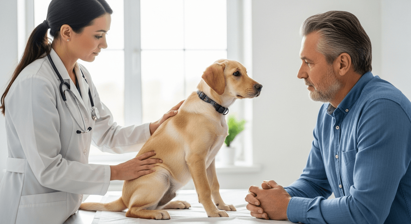 Yellow Labrador mix puppy receiving hip examination from veterinarian during health screening