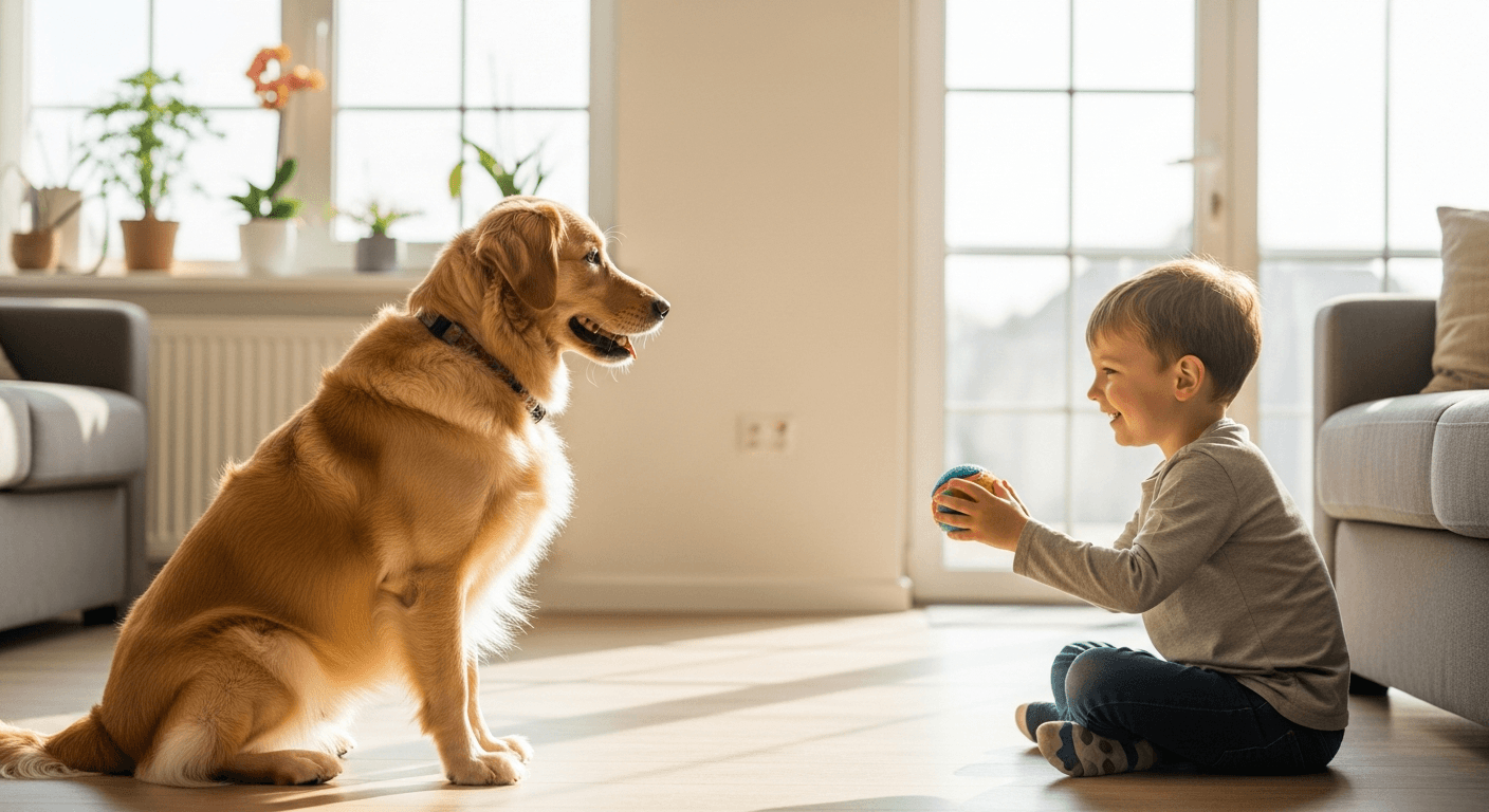 Goldador labrador mix breed sitting in living room while child offers toy ball