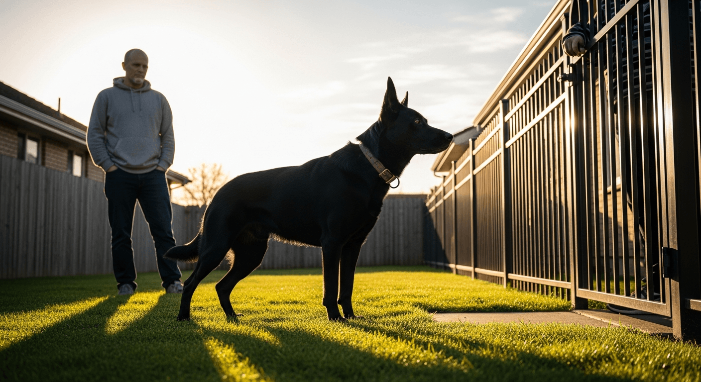 Black Labrador mix with German Shepherd markings standing alert in backyard, watching visitor approach fence gate