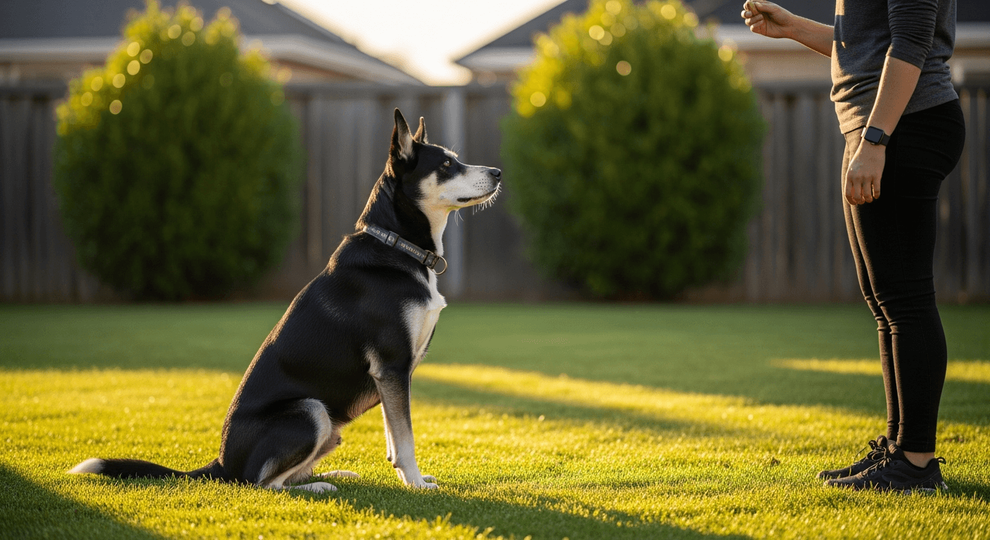 Black and white Labrador Husky mix sitting attentively in grass during golden hour, looking at owner with training treat