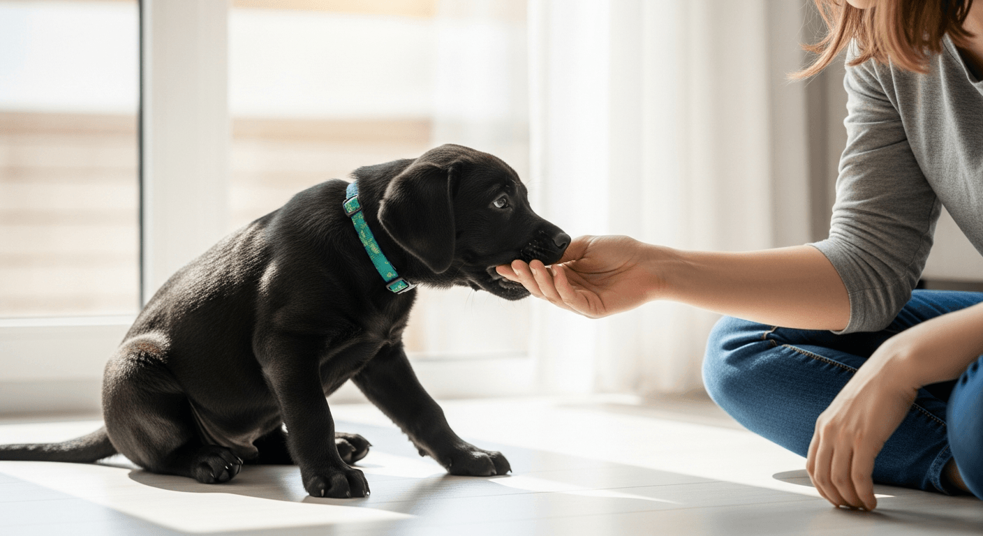 Black Labrador puppy mouthing handler's hand during interactive play demonstrating normal labrador puppy behavior