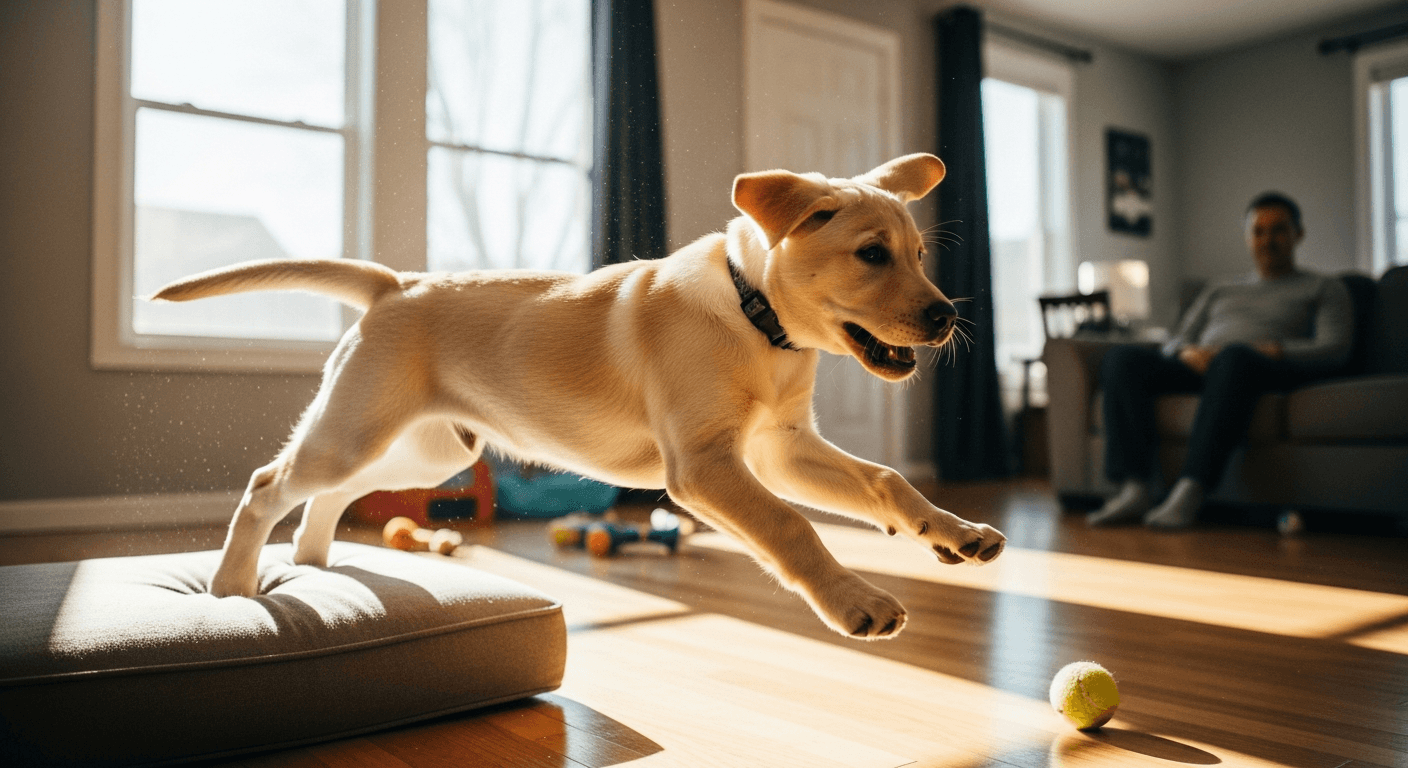 Young yellow Labrador puppy bouncing energetically on a sofa in a bright living room, displaying typical playful puppy behavi