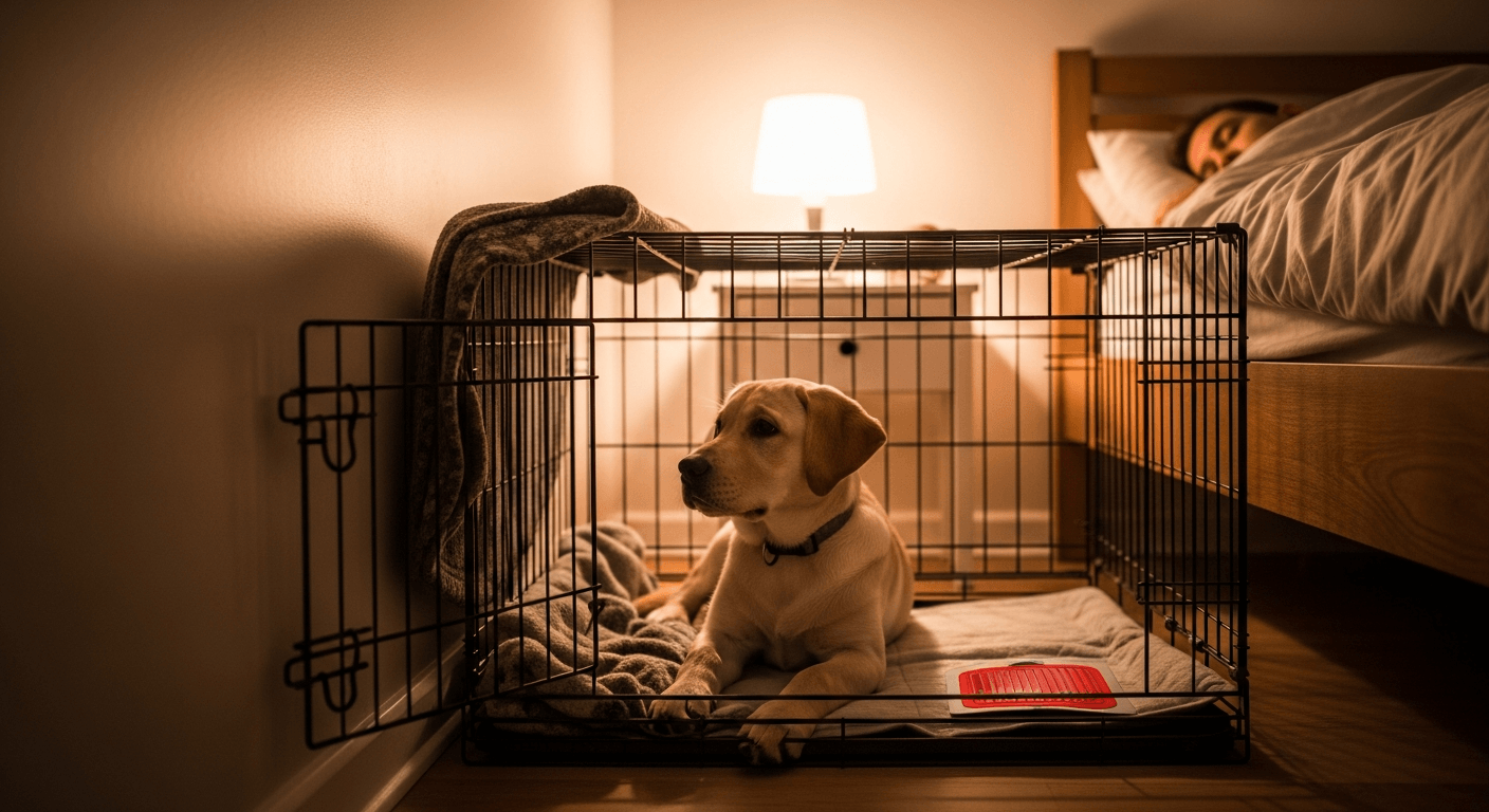 Yellow Labrador puppy alert in crate beside bed at night showing calm puppy behavior