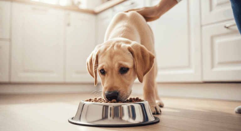 Young yellow Labrador puppy eating labrador puppy food from a stainless steel bowl in a bright kitchen