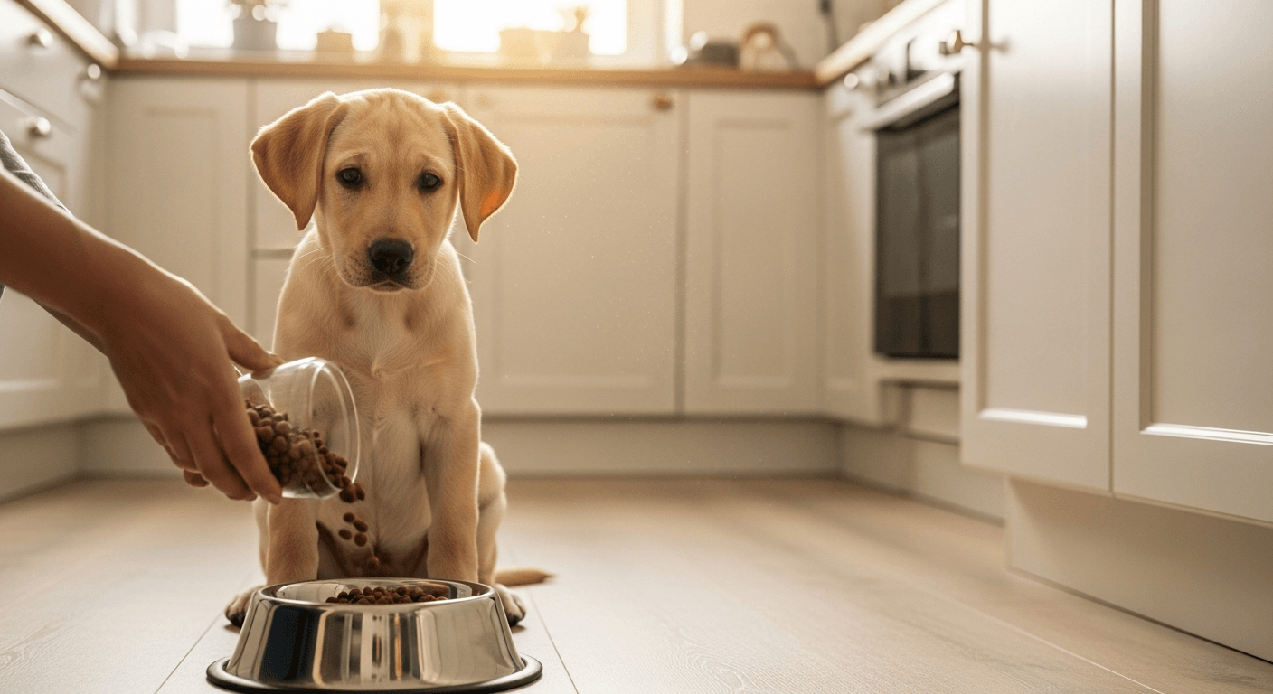 Yellow Labrador puppy sitting at stainless steel bowl while owner pours labrador puppy food in bright kitchen