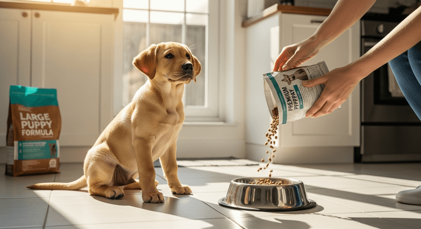 Golden Labrador puppy sitting in kitchen while owner pours labrador puppy food into bowl