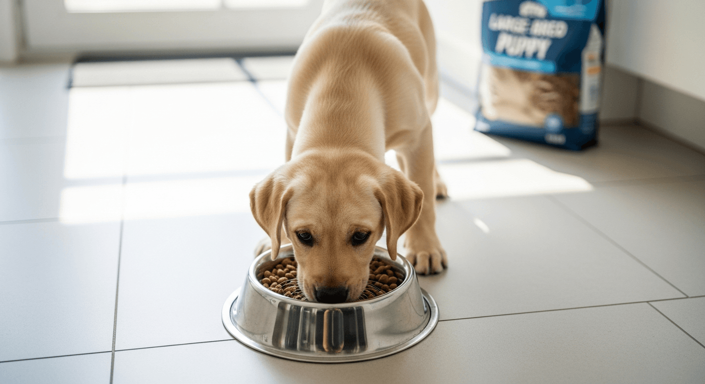 Yellow Labrador puppy eating large-breed puppy food from a stainless steel bowl in a bright kitchen