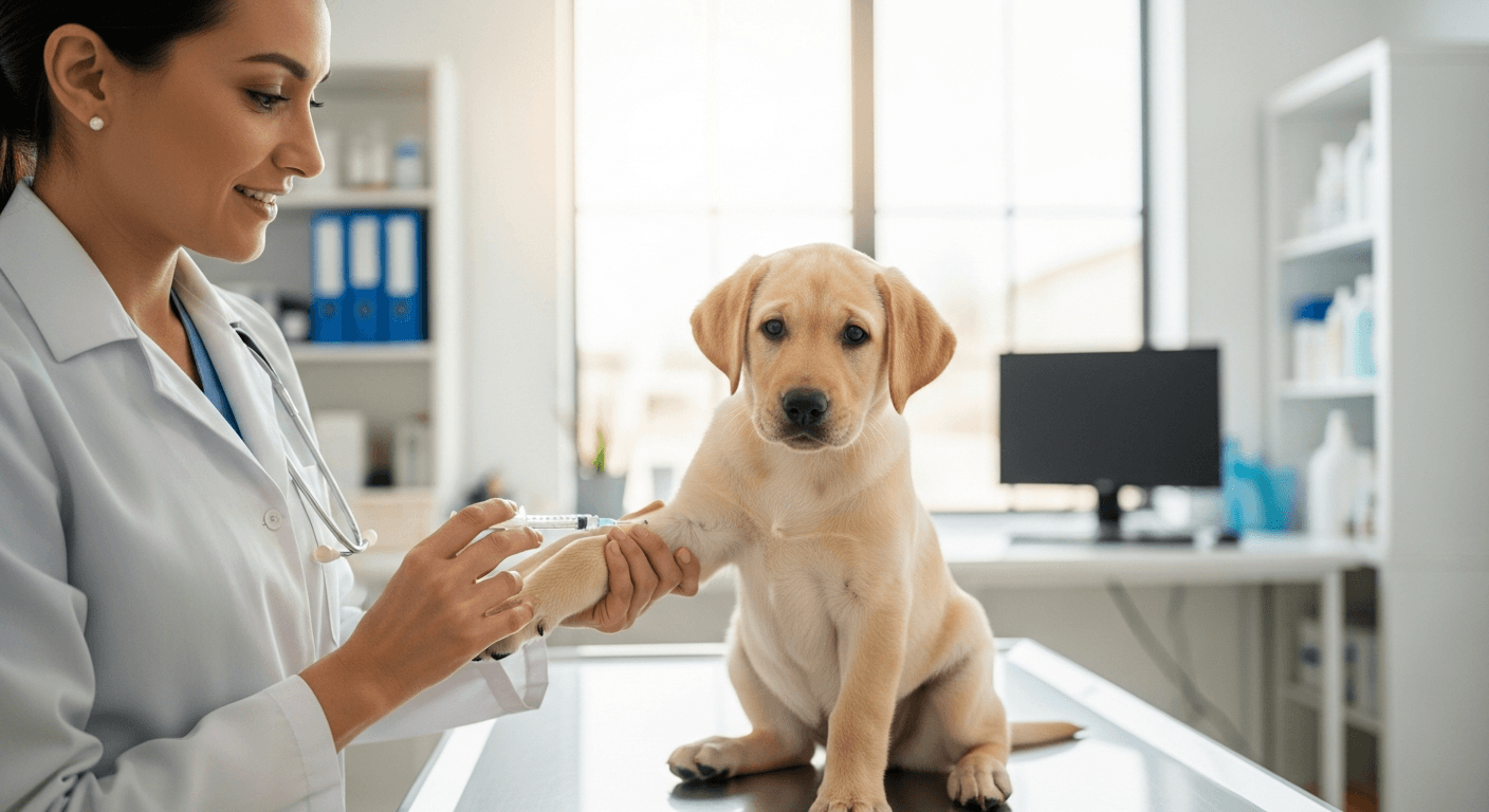 Young yellow Labrador puppy receiving vaccination at veterinary clinic during health checkup
