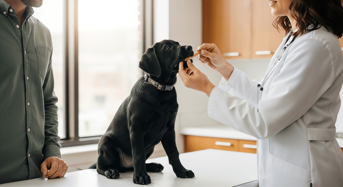 Veterinarian giving oral medication to black Labrador puppy on exam table during labrador puppy health checkup