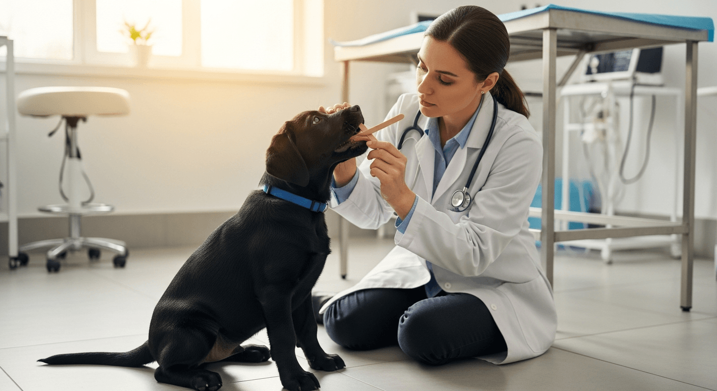 Black Labrador puppy receiving oral examination from veterinarian in bright clinical setting
