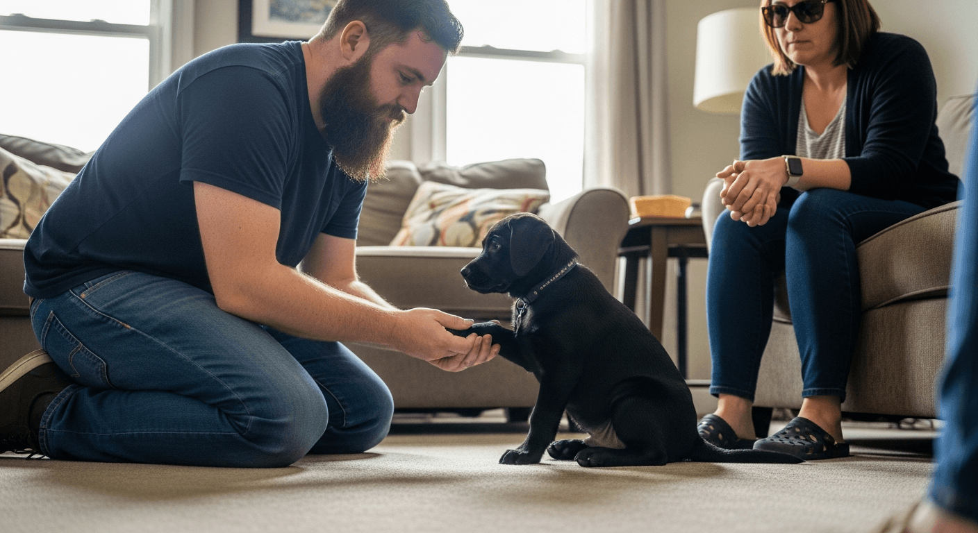 Man gently handling black Labrador puppy's paw during home socialization training while woman observes