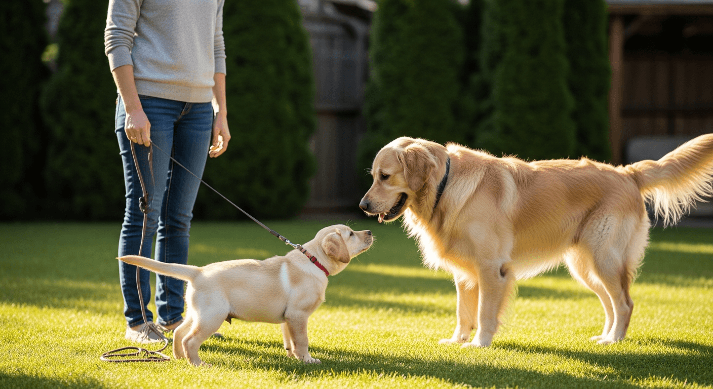 A yellow Labrador puppy on leash greeting an adult golden retriever in a backyard during labrador puppy socialization