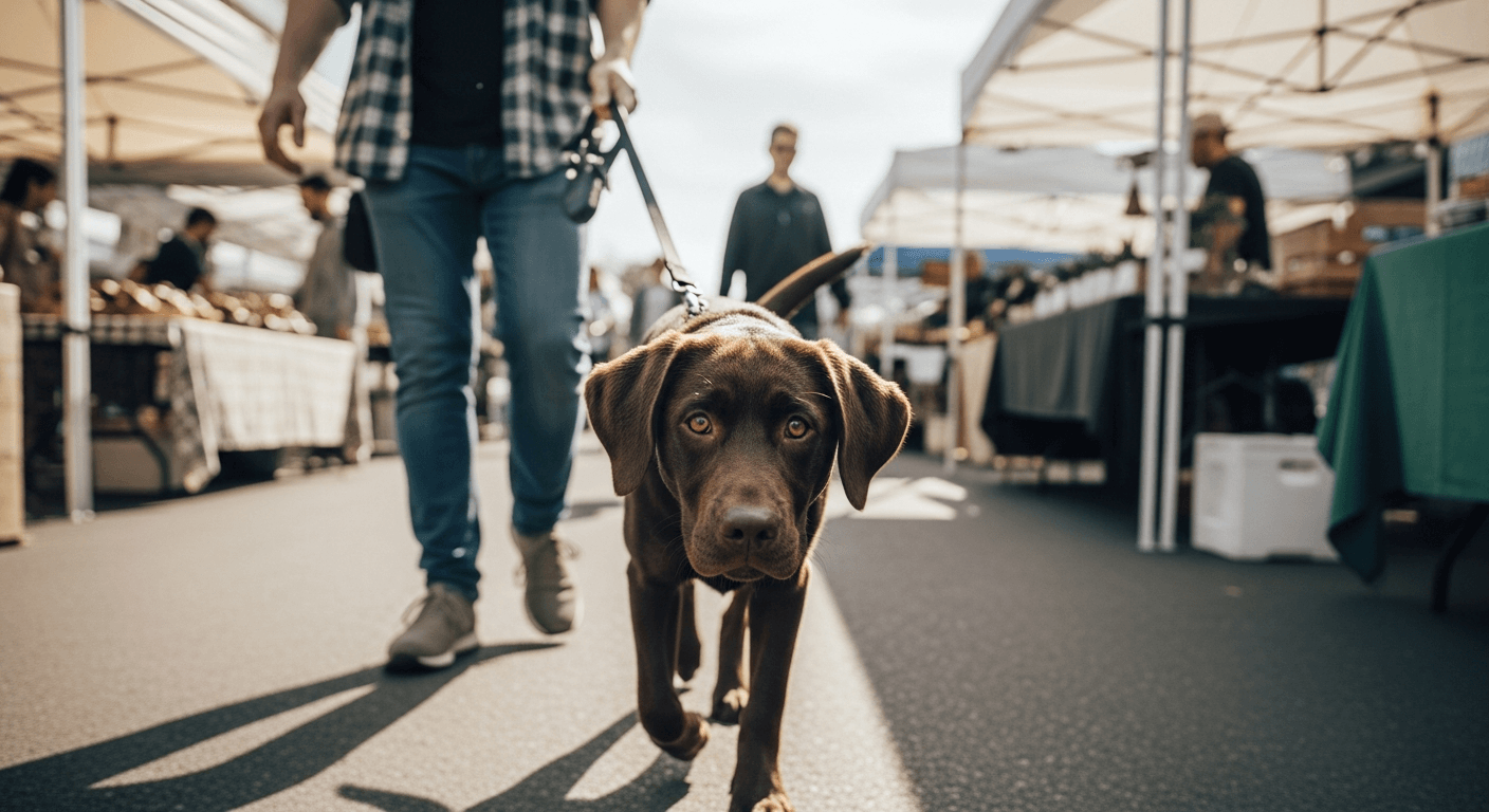 Chocolate Labrador puppy on leash at farmers market learning labrador puppy socialization skills