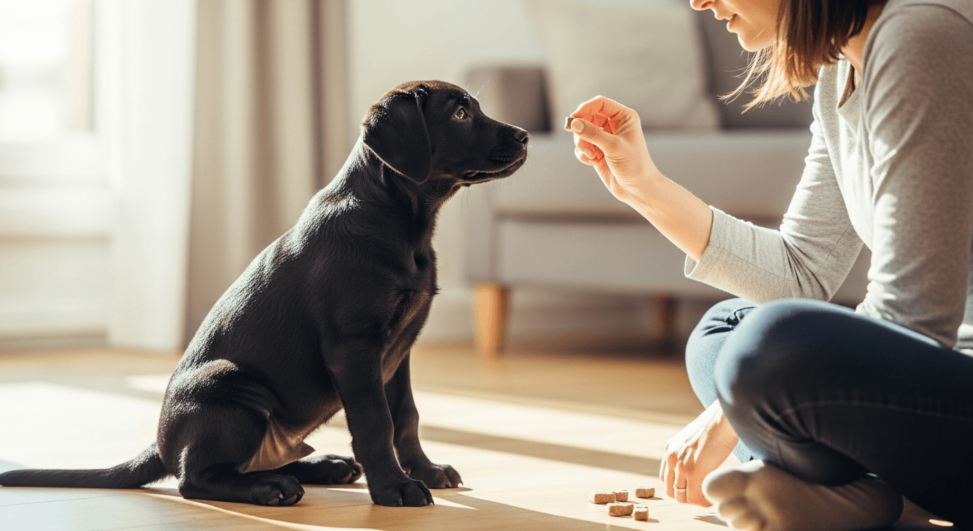 Young black Labrador puppy sitting attentively during a training session with a woman holding a treat in a bright home interi