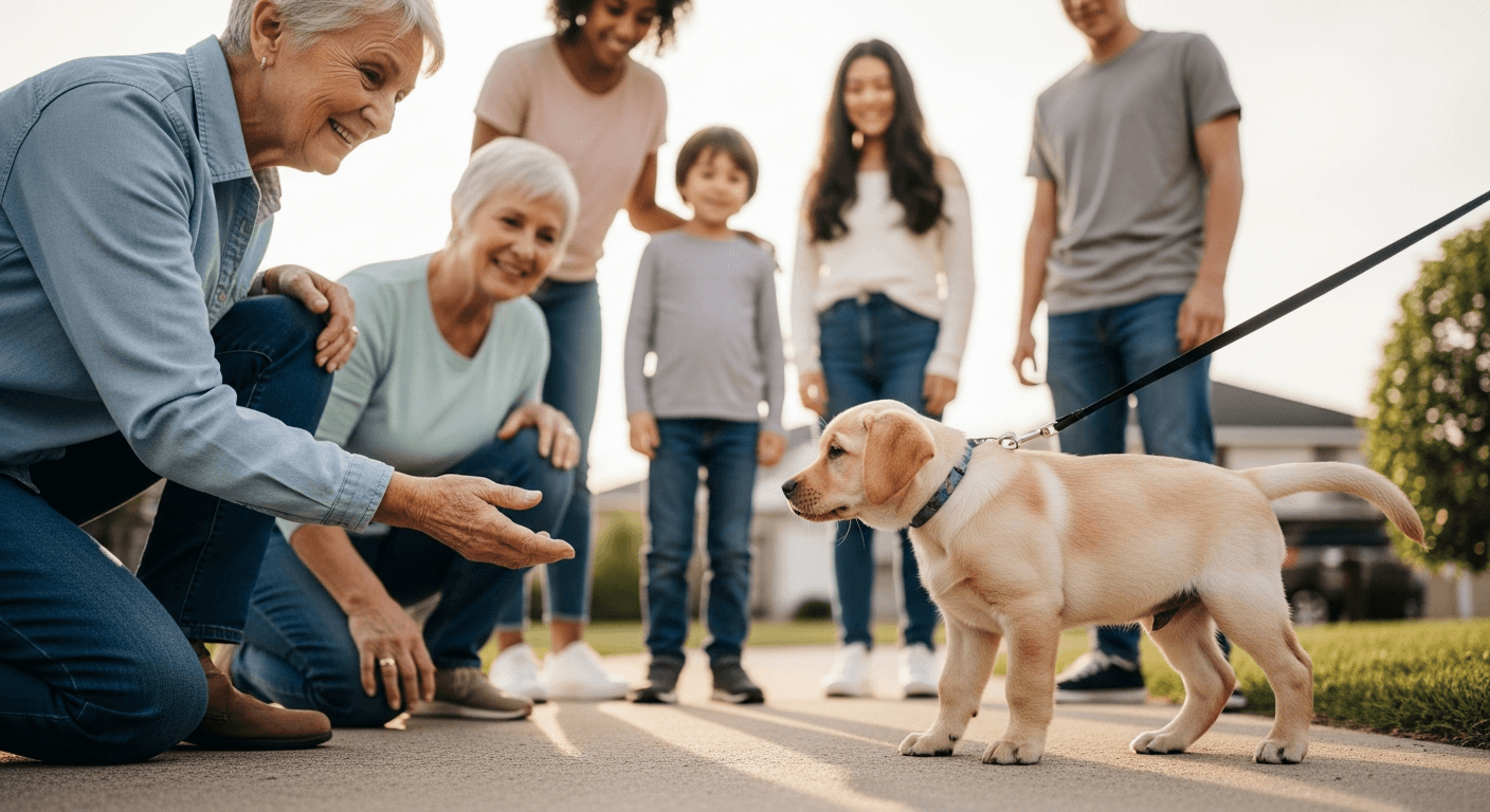 Young yellow Labrador puppy on leash meeting multiple people of different ages in a suburban yard during socialization traini