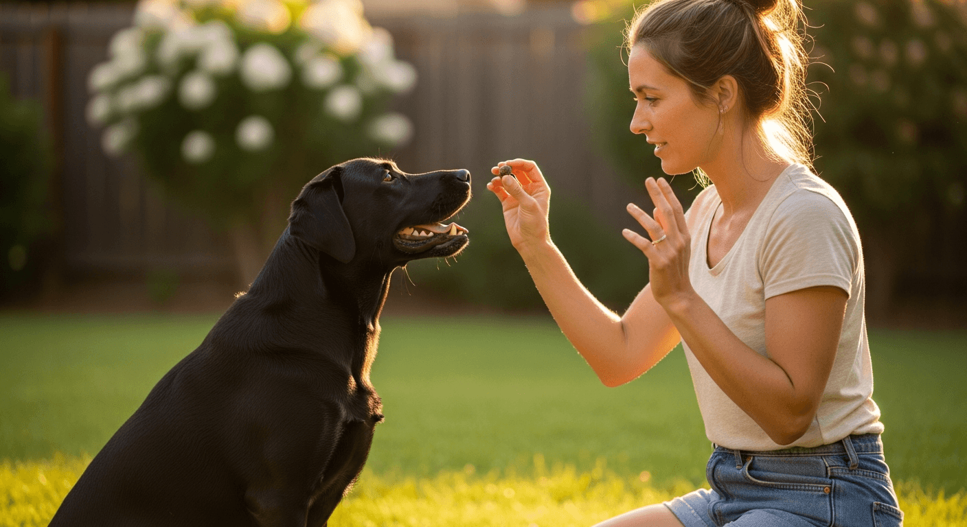 Owner teaching a black Labrador the quiet command with a treat in the backyard