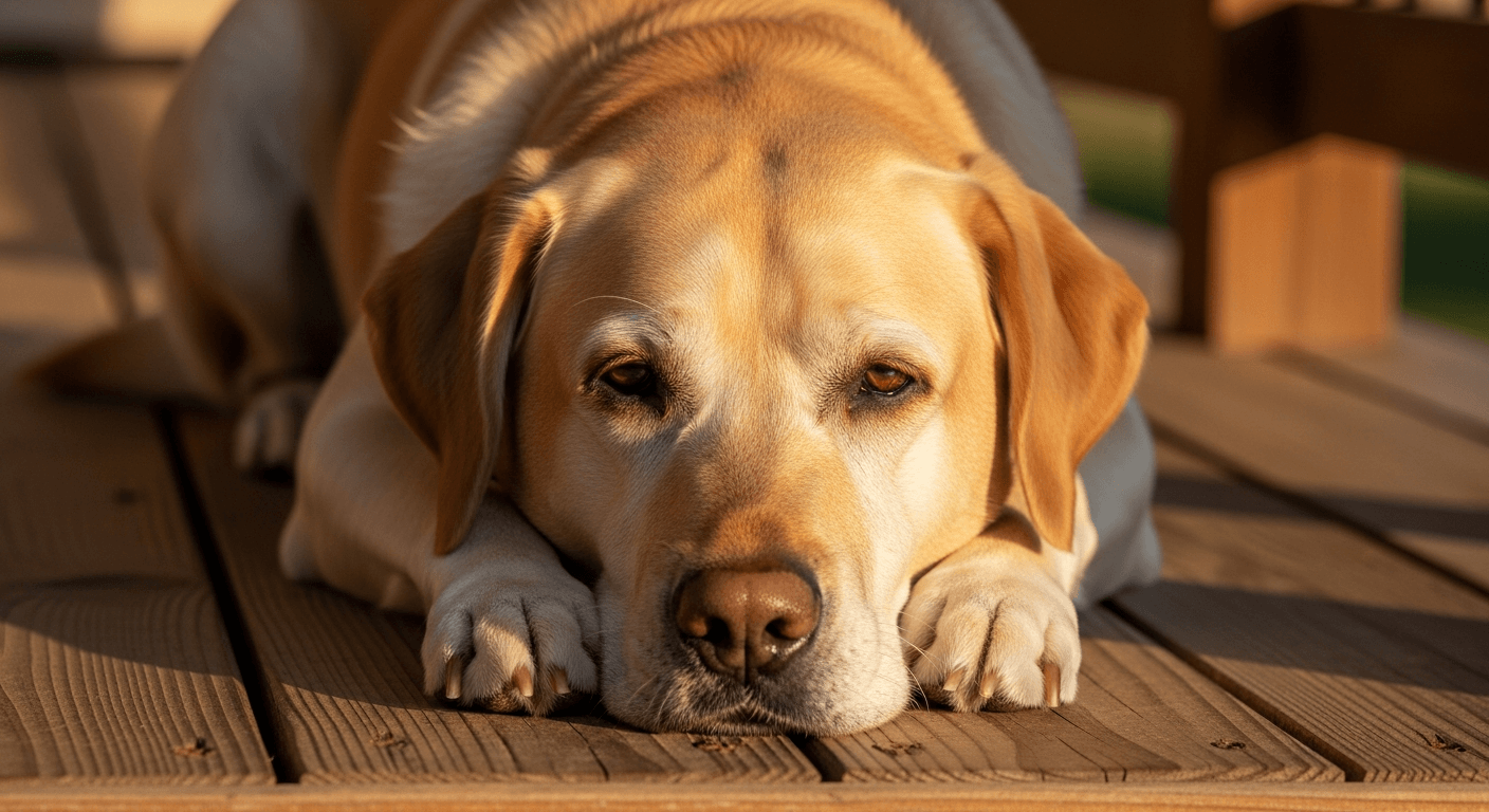 Senior yellow Labrador with a graying muzzle resting on a porch — many Labs reach 12 years and beyond with good care