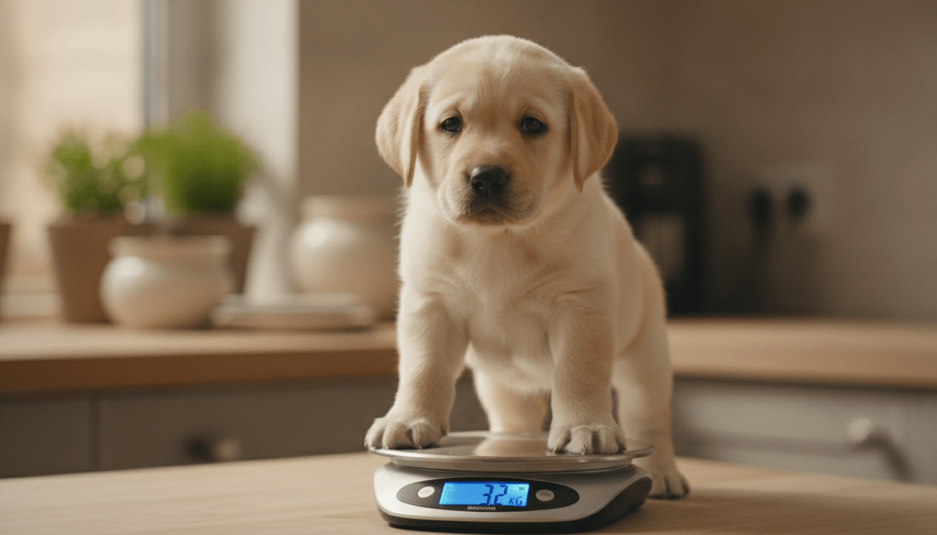 Small yellow Labrador puppy standing on a kitchen scale for size