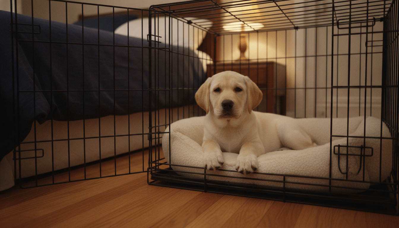 Labrador puppy resting in an open crate beside a bed at night