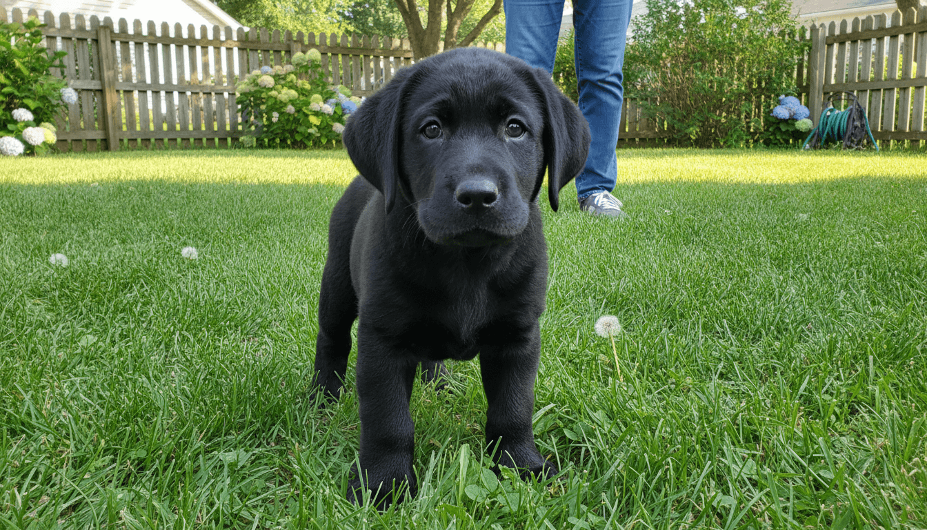 Labrador puppy on private backyard grass during a potty break