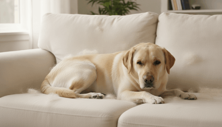 Yellow Labrador on a sofa with visible shed hair on the cushions — do Labrador Retrievers shed a lot